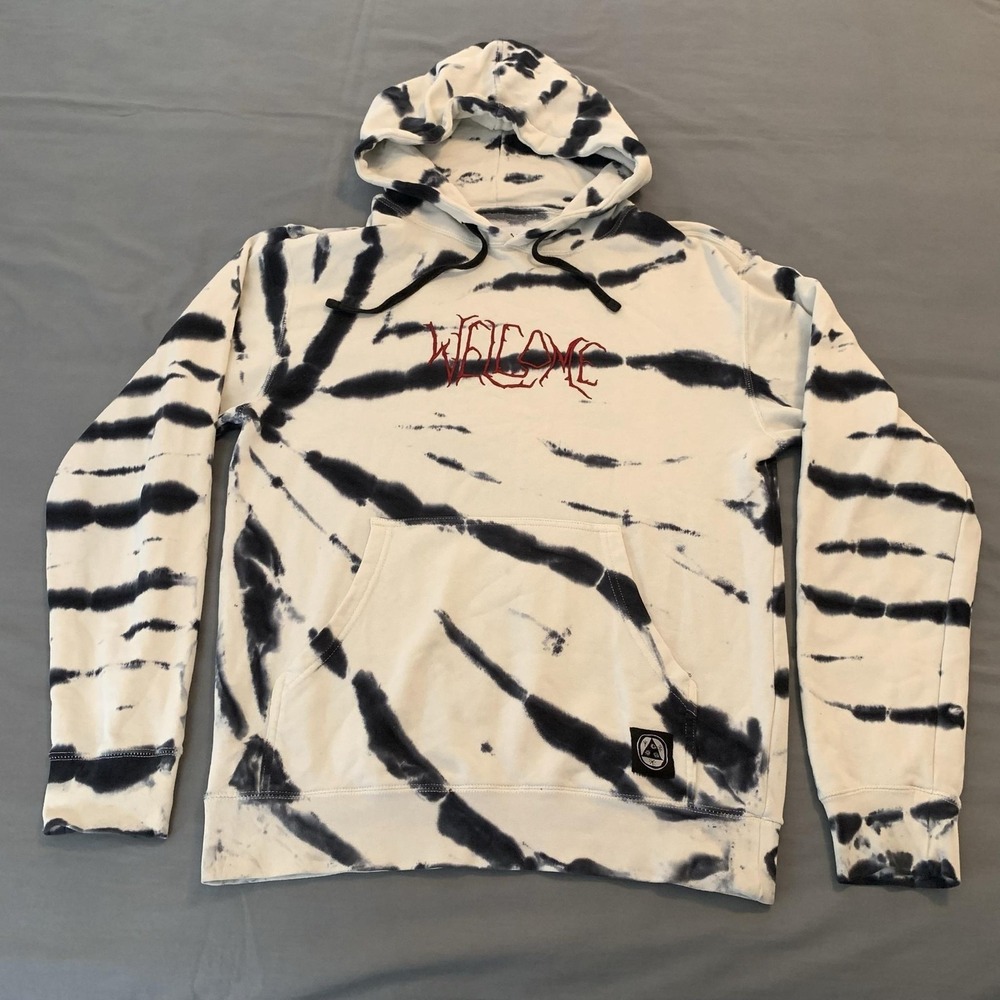 Welcome Hoodie Mens Small‎ White Tie Dye Gothic Embroidered Sweatshirt Skater